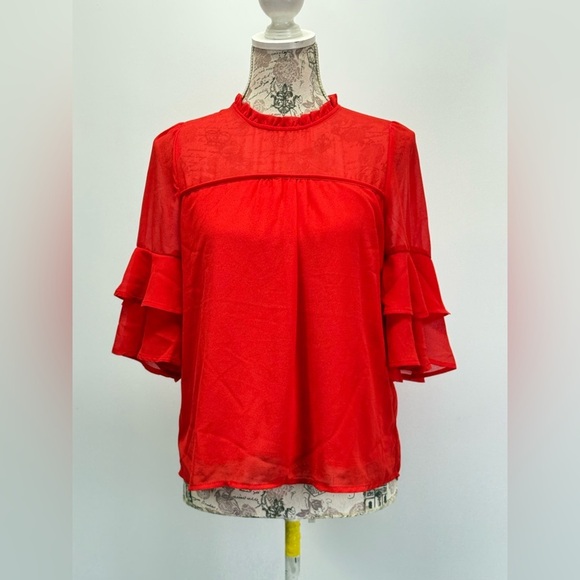 MONTEAU Cherry red sheer ruffle sleeve top size S. - Picture 5 of 13